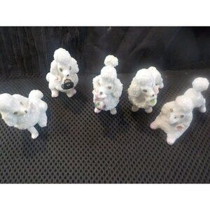 5 Vintage Miniature French Poodle Spaghetti Figurines Japan Sugar Coat Porcelain